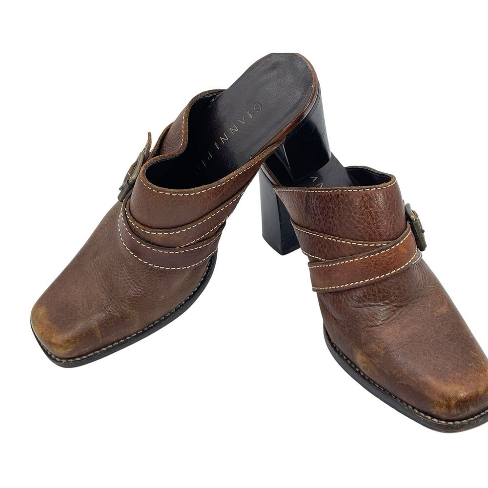 Gianni Bini | Brown Leather Buckle Accent Heeled Mules | Size 6 - Picture 7 of 7